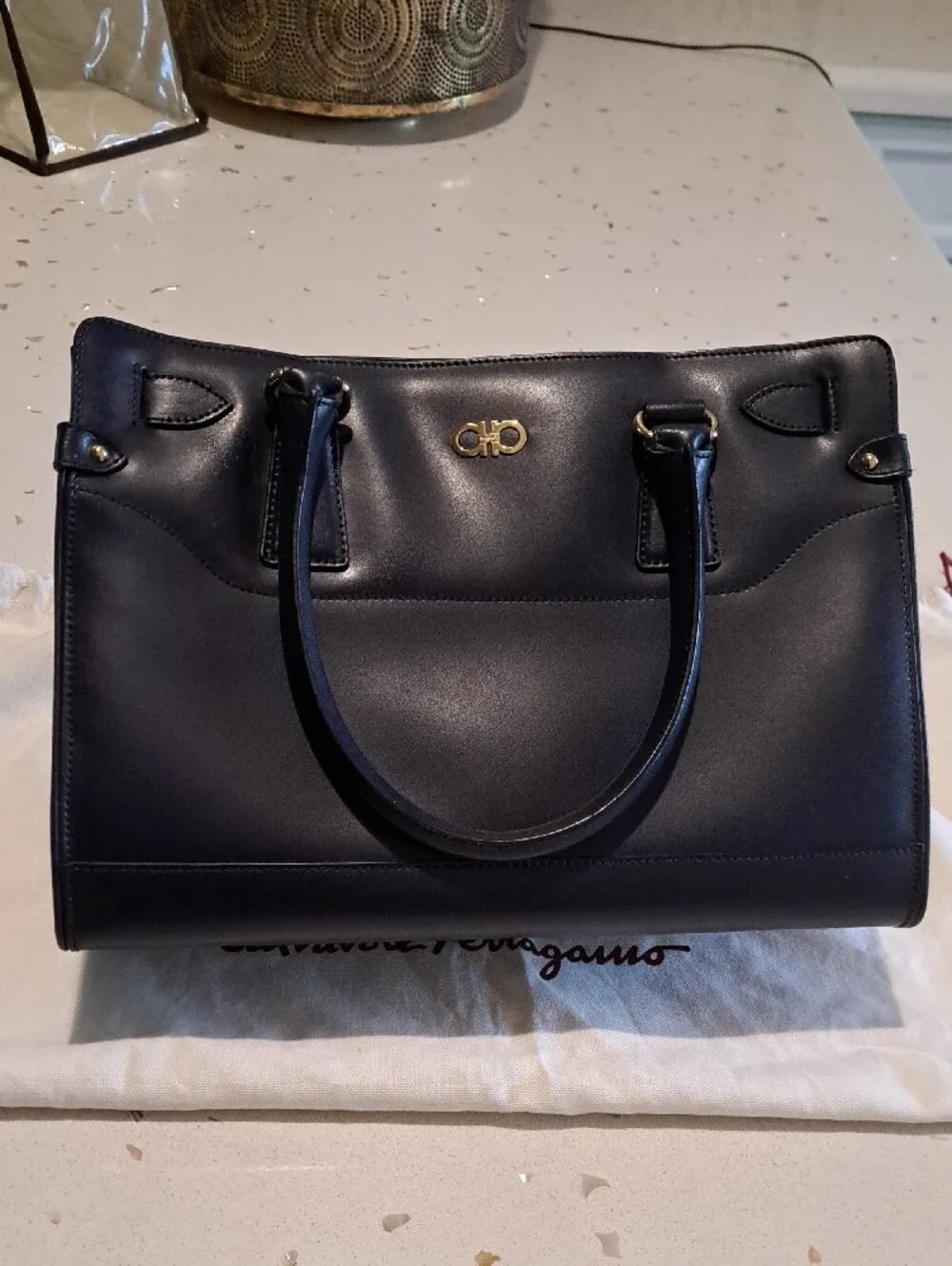 Salvatore Ferragamo Navy Leather Briana Bag with Gold Hardware